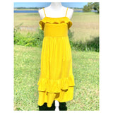 Yellow Tiered Ruffle Hem Midi Dress with Shirred Front