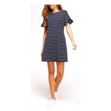 Navy White Stripe Ruffle Bell Sleeve Knit Shift Dress with Scoop Back