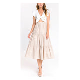 White Flutter Sleeve Tie Front Midi Dress with Camel Gingham Tiered Skirt Contrast & Pockets