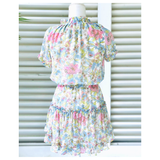 Designer Inspired Blue Pink Green Floral Ruffle High Low Hem Puff Sleeve Chiffon Dress