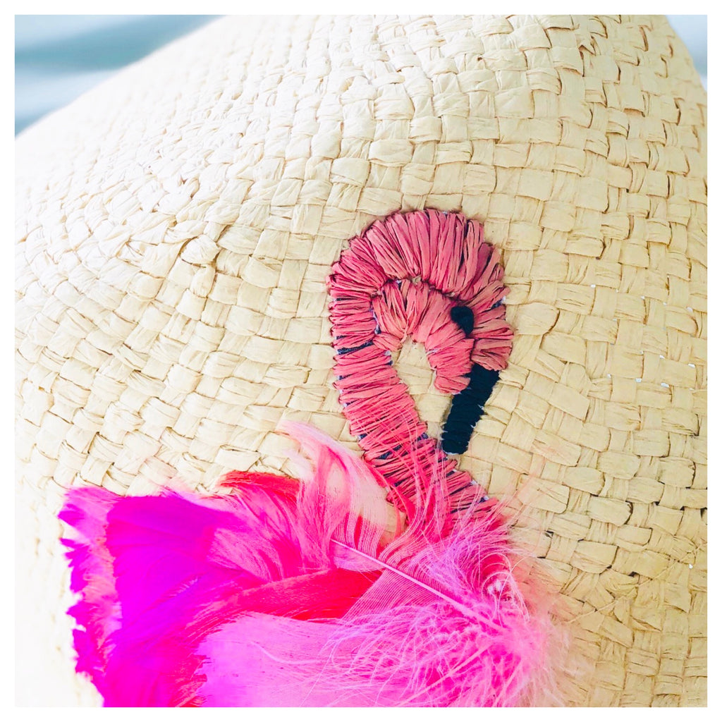 Natural Feathered & Embroidered Flamingo Paper Straw Frayed Edge Hat with  Adjustable Drawstring - James Ascher
