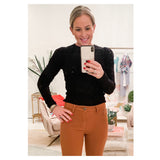 Black Pointelle Patterned Fine Knit Shirred Shoulder Sweater with Micro Scalloped Neckline & Banded Waist