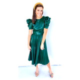 Emerald Green Leather Pleated Midi Skirt & Bow Back Puff Sleeve Top SET