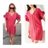 Pink Red Orange Stripe Combo Ruffle Sleeve Dress with Embroidered METALLIC SILVER Neckline