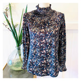 Sapphire & Metallic Silver VELVET Floral Smocked Top with Ruffle Smocked Sleeves
