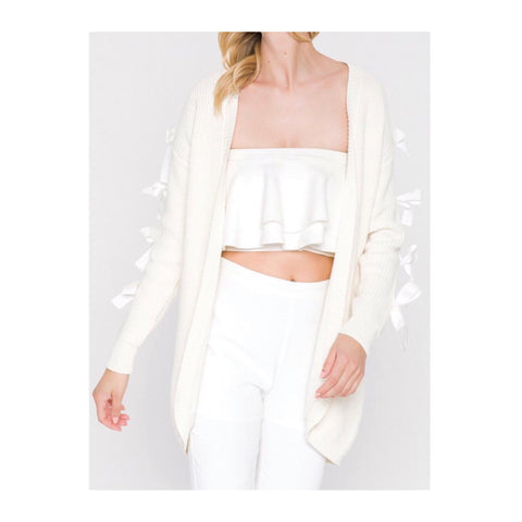Cream Round Knit Cardigan with Grosgrain Ribbon Sleeve BOWS