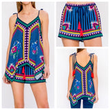 Electric Blue Aztec Top with Red Tassel Ties