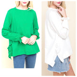 Kelly Green or Ivory French Terry Ruffle Hem Top with Smocked Sleeves