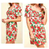 Blush Pink Red & Green Rose Print Ruffled Puff Sleeve Dress with Ruched Sweetheart Bust