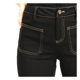 Black Front Pocket Bell Bottom Jeans with Contrast Taupe Stitching