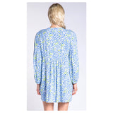 Blue & Neon Green Floral Print Long Sleeve Tunic Dress OR Tunic Top with Optional Tassel Tie