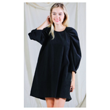 Black CORDUROY Shirred Puff Sleeve Shift Dress with Keyhole Back