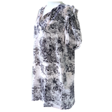 Ivory & Black Linen Blend Chinoiserie Ruffle Trim Puff Sleeve Balkan Islands Dress