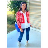 Pink & Red Houndstooth Open Front Knit Peppermint Cardigan
