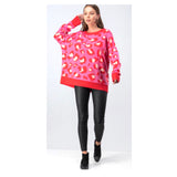 Pink & Red Leopard Print Oversized Pique Knit Tunic Sweater