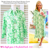Green & Ivory Leaf Print Button Front Collared Dress