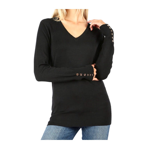 Black V-Neck Long Sleeve Knit Top with Sleeve Button Appliqués