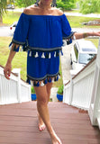 Royal Blue On OR Off the Shoulder Top with Black & White Tassels (Matching Shorts Sold Separately)