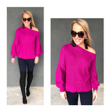 Fuchsia Ribbed Knit Balloon Sleeve Off the Shoulder Sweater