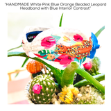 HANDMADE White Pink Blue Orange Beaded Leopard Headband with Blue Interior Contrast