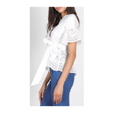 White Eyelet Bell Sleeve Wrap Top with Tie Waist