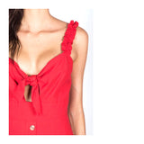 Poppy Red A-Line Midi Dress with Ruched Ruffle Straps & Self Tie Bust + Button Detail