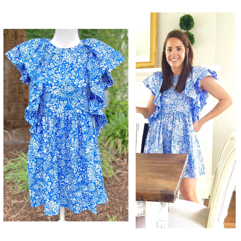 Blue & White Floral Print Ruffle Sleeve Dress with Shirred Hem ...