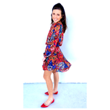 Black Red Blue Floral Print Dress with METALLIC ACCENTS & Optional Tie Neck