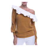 Caramel One Shoulder Sweater with White Ruffle Trim
