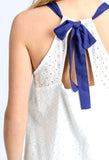 White Eyelet Halter Top with Blue Bow Tie Back