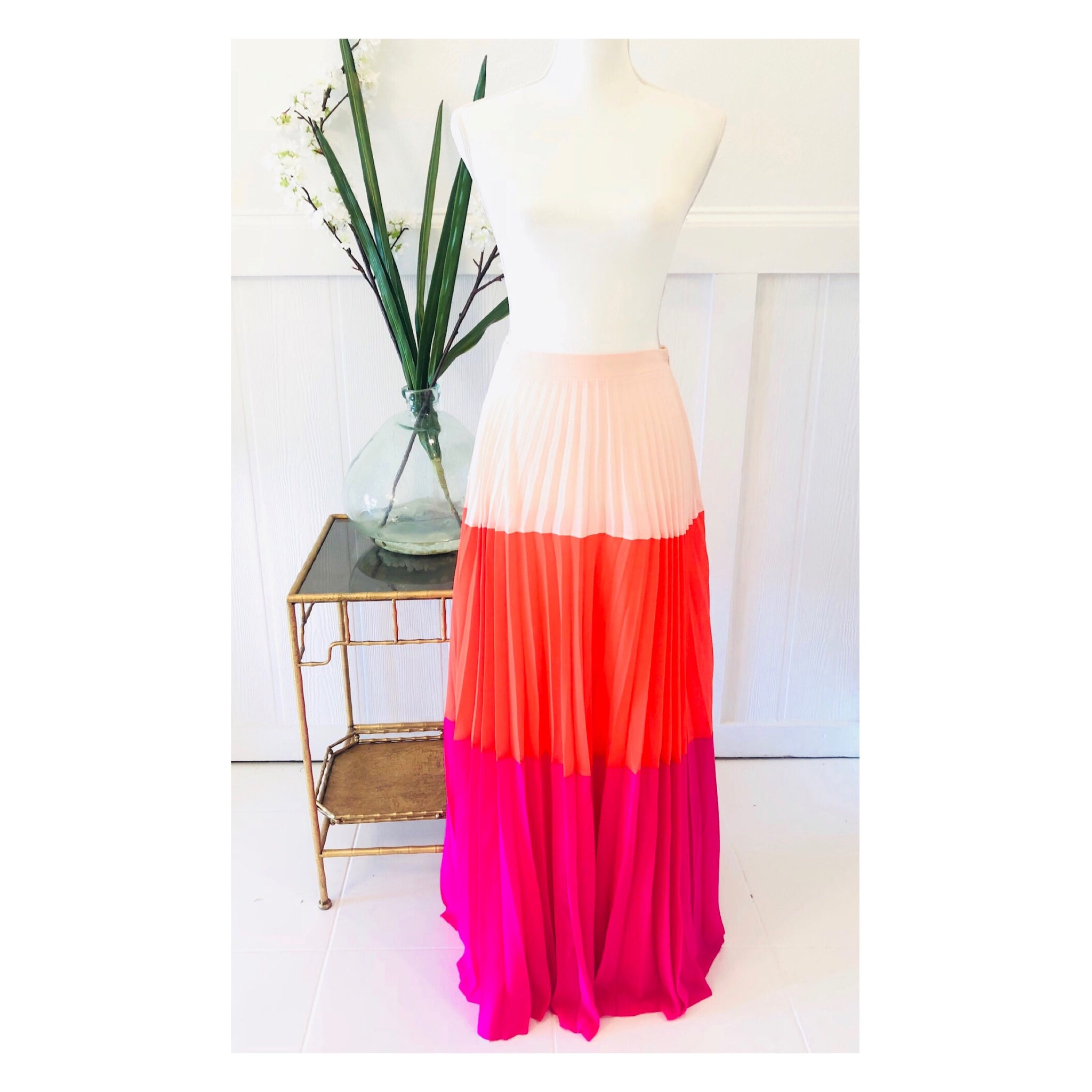 Fuchsia & Bright Poppy Red Color Block Pleated Maxi Skirt