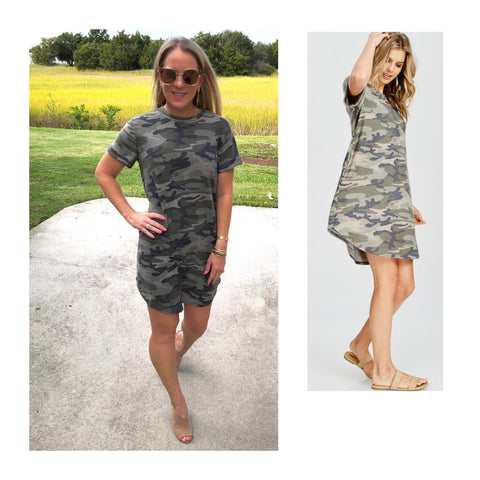 Short Sleeve French Terry Camo Shirtdress with Cuffed Sleeves & POCKETS