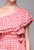 Coral Gingham One Shoulder Matching Set with Tassel Detail & Tie Waist