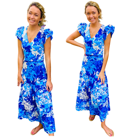 Blue Floral Flutter Sleeve Julianne Skirt Set