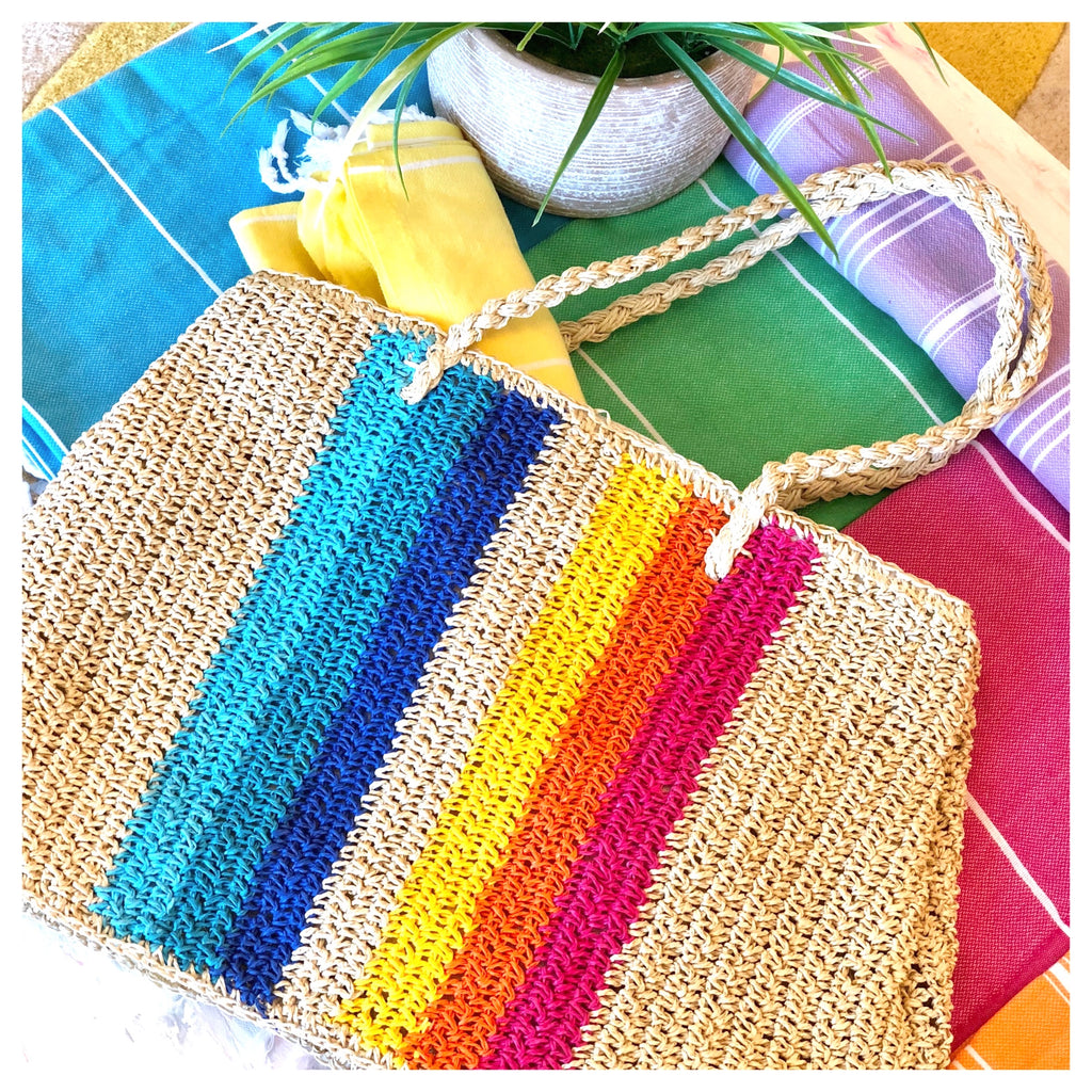 Rainbow Stripe Rattan Straw Knit Oversized Tote Bag - James Ascher