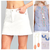 Blue White Stripe Embroidered Tank Top with Tassel Tie