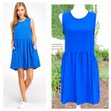 Bright Royal Blue Sleeveless Babydoll Dress with POCKETS & Keyhole Back