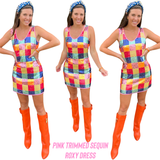 Sequin Checked Roxy Shift Dress with Pink Piping