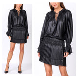 Black Shimmer Pleated Tier Dress with Cinched Ruffle Dolman Sleeves & Smocked Waist