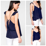 Navy Spaghetti Strap Cami with Ruffle Detail and Tie Back