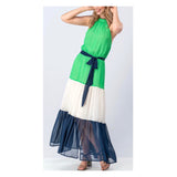 Navy & Kelly Green Pleated Halter Maxi Dress with Open Back