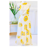 White Sunflower Print Swiss Dot Chiffon Hi-Lo Dress with Crisscross Flutter Back