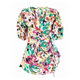 Ivory Green Magenta Multi Floral Puff Sleeve Ruched Dress with Asymmetrical Front Ruffle