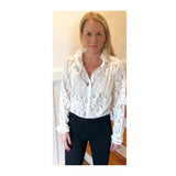 Off White Lace Button Down Top with Chiffon Ruffle Neck  & Sleeve Hem Contrast