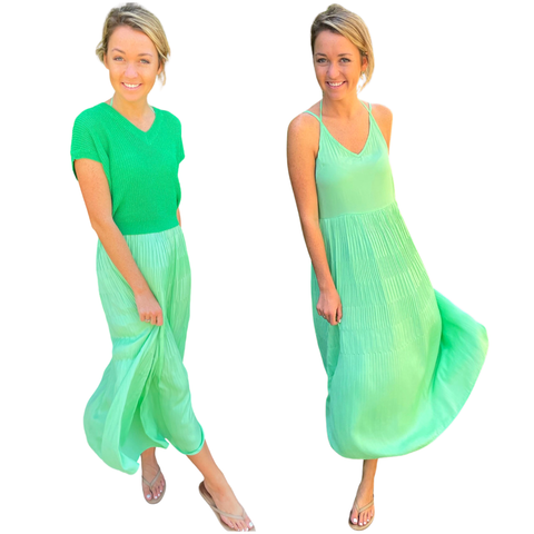 Green Pleated Barcelona Dress & Sweater Set (sold together)
