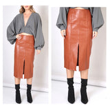 Caramel PU Leather High Waisted Pencil Midi Skirt with Front Slit