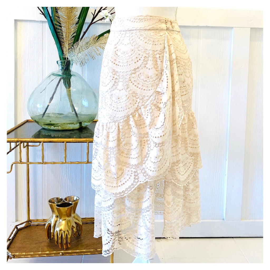 Ivory Lace Tiered Ruffle Hem Midi Skirt with Banded Waist - James