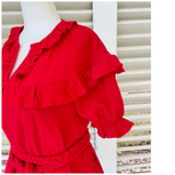 Red Cotton Ruffle Trim Sarah Dress with Optional Rope Belt