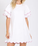 White Short Sleeve Shift Dress with Embroidered Pink Wavy Scallop Trim & Keyhole Back Tie