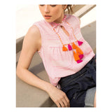 Pink & White Textured Sleeveless Ruffle Neck Top with Pink & Orange Tassel Ties